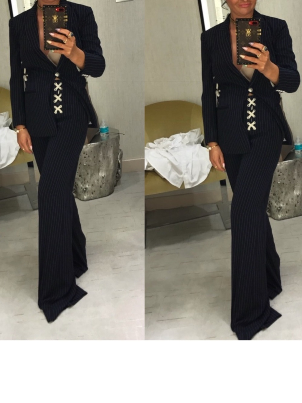 Veronica Beard Pinstripe Lace-Up Blazer & High-Waist Pants Suit Navy Size 4 US